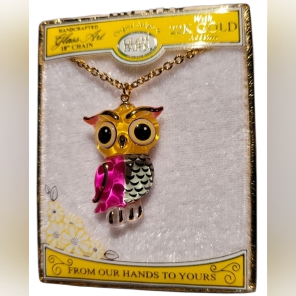 Owl Glass Baron Art Pendant Necklace 22KT Accent 18" Chain 1.3"H x 0.7"W x 0.3"
